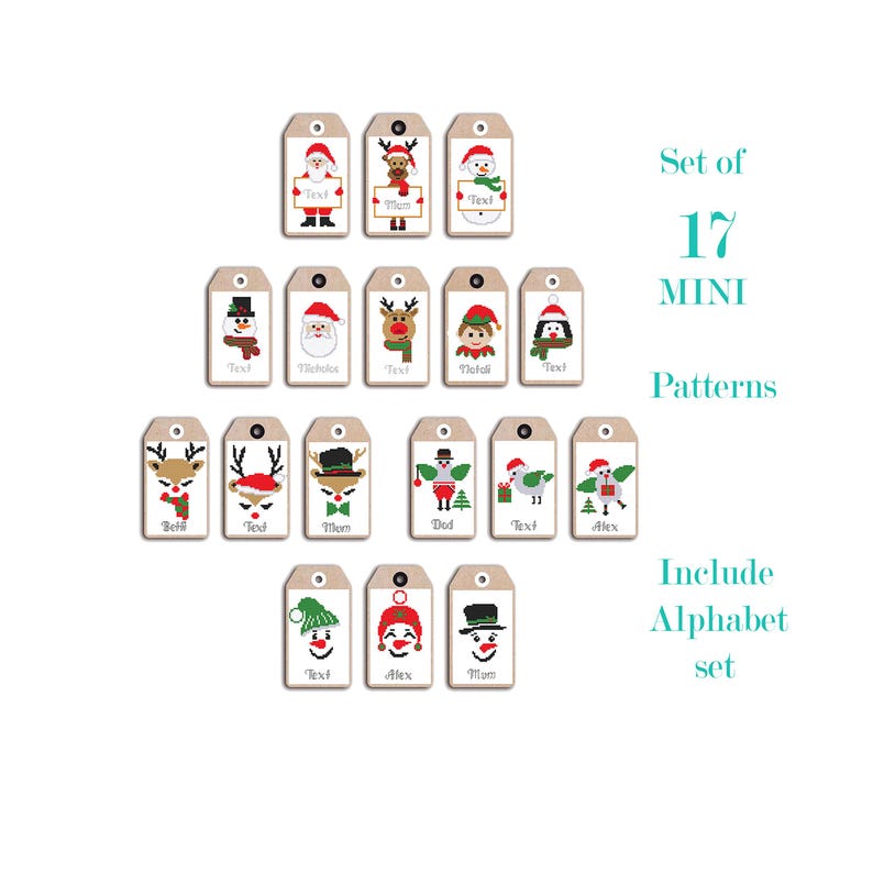 Puede incluir: Un conjunto de 17 mini etiquetas de regalo navide&ntilde;as con varios dise&ntilde;os festivos, incluyendo Pap&aacute; Noel, renos y mu&ntilde;ecos de nieve. Cada etiqueta tiene una cuerda y contiene el texto "Text" o un nombre. El conjunto incluye un alfabeto.