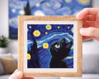 Funny Starry Night cross stitch pattern, Mini art Van Gogh painting, Cat looking at starry sky, Famous masterpiece, Instant download PDF
