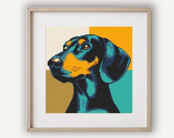 Dog cross stitch pattern PDF, Dachshund, Abstract pop art, Modern embroidery, Funny dog portrait, Cute animal cross stitch, Instant Download