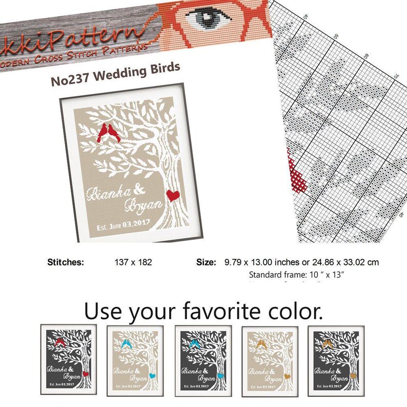 Wedding Cross Stitch Pattern PDF, Love tree with bird, DIY Add Your Names, Anniversary Gift, Alphabet Letters Included, Instant Download image 6