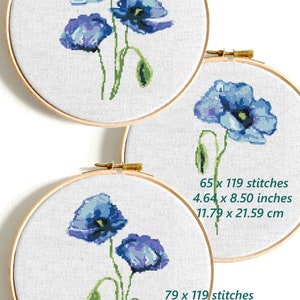 Poppy flower modern cross stitch pattern PDF Blue poppies watercolor cross stitch bundle Floral counted cross stitch Easy Poppy flower chart image 4