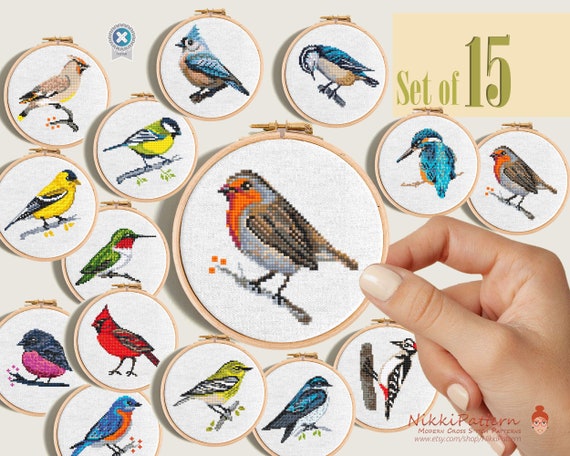 Set of 15 Mini Bird cross stitch patterns PDF, Tiny songbirds, Mini embroidery, Cute Bluebird, Hummingbird, Kingfisher, Cardinal, Robin bird