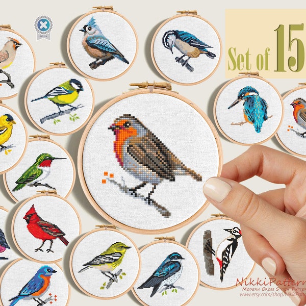 Set of 15 Mini Bird cross stitch patterns PDF, Tiny songbirds, Mini embroidery, Cute Bluebird, Hummingbird, Kingfisher, Cardinal, Robin bird