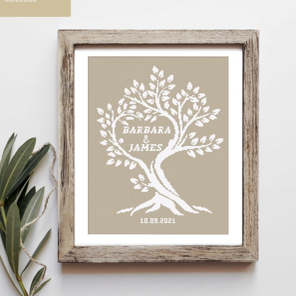 Wedding modern cross stitch pattern Personalized counted cross stitch chart Love Tree Anniversary wedding gift Digital download PDF