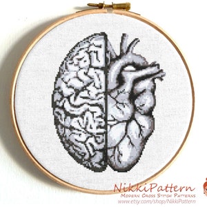 Anatomy cross stitch pattern Anatomical heart Human brain cross stitch Half heart Half brain Anatomy Skull cross stitch chart Human Heart