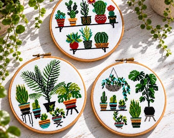 Kreuzstichmuster-Set mit Kakteen und Zimmerpflanzen (PDF), 3 botanische Muster mit Sukkulenten und Palmen, Sofort-Download