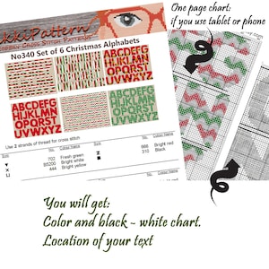 A digital cross stitch pattern set titled No340 Set of 6 Christmas Alphabets by NikkiPattern. The document displays six distinct alphabet styles in red, green, and white, a color key, and a grid chart for tablet or phone use.