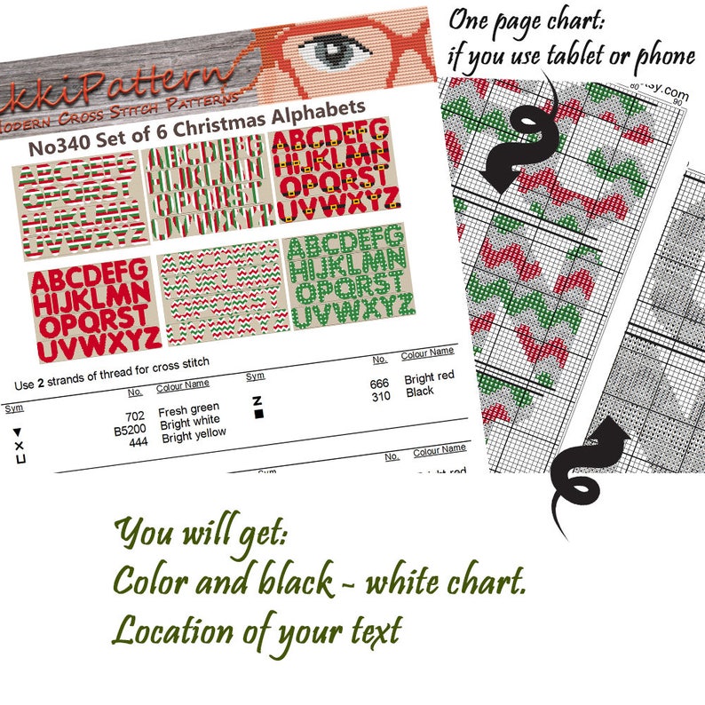 A digital cross stitch pattern set titled No340 Set of 6 Christmas Alphabets by NikkiPattern. The document displays six distinct alphabet styles in red, green, and white, a color key, and a grid chart for tablet or phone use.