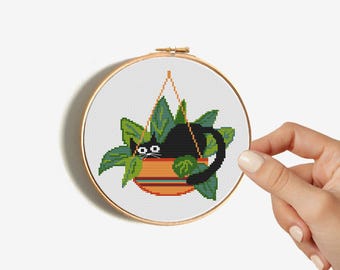Cat Cross Stitch Pattern, Cute black cat  in Plant Pot Modern Embroidery, Funny jungle Decor, Easy DIY Gift, Instant digital PDF Download