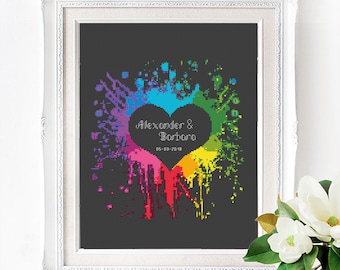 Schema moderno per punto croce per matrimonio, Cuore arcobaleno colorato con nome personalizzato, Nome personalizzato, Regalo di anniversario di matrimonio in formato PDF