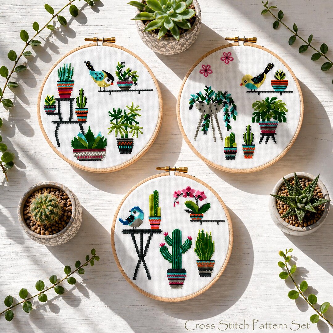 Botanical Bird Cross Stitch Patterns – Modern Plant & Cactus Embroidery ...