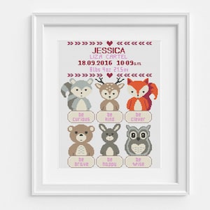 Geburtsanzeige Kreuzstich Stickmuster, niedlicher Fuchs, Bär, Hase, Vogel, Reh, personalisierte Baby Name, benutzerdefinierter Name, moderne einfache Stickerei