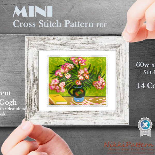 Mini cross stitch pattern Vincent van Gogh -Vase with Oleanders and Book- Famous painting Tiny masterpiece Small cross stitch PDF