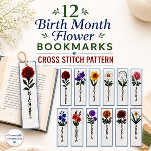 Birth Month Flower Bookmark Customizable Cross Stitch Pattern Set of 12, Personalized Bookmarks gift, Easy Mini Flowers, Instant Download