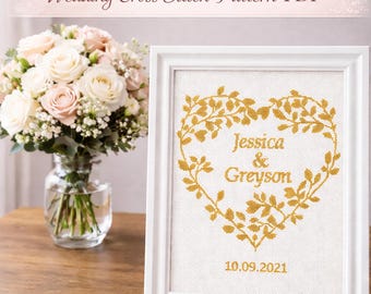 Modern wedding cross stitch pattern, Heart embroidery with DIY custom names, Love anniversary gift, Personalized DIY gift, Instant Download
