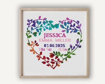 Geburtsanzeige Kreuzstichmuster, Buntes Herz, Personalisierte Baby Name, Benutzerdefinierter Name, Moderne Stickerei, Digitaler sofortiger Download