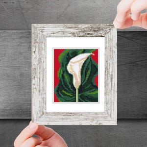 Op de afbeelding: Een ingelijst borduurwerk met een witte calla lelie met groene bladeren op een rode achtergrond.