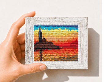 Mini cross stitch pattern Modern tiny art San Giorgio Maggiore by Claude Monet Famous painting Small miniature art printable pattern pdf
