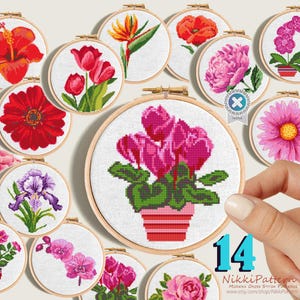 Mini kruissteekpatronen met bloemen, 14 kleine bloemen, eenvoudige kaart voor beginners, op de natuur geïnspireerde ontwerpen, bloemensampler, pdf-bestand direct te downloaden