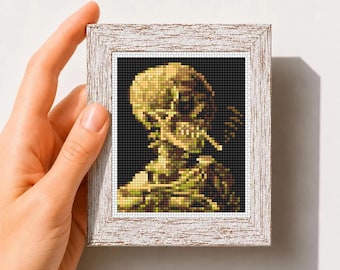 Miniaturowy wzór do haftu krzyżykowego w formacie PDF, Czaszka szkieletu z płonącym papierosem - Vincent van Gogh, Słynny obraz, Mały, drobny haft artystyczny