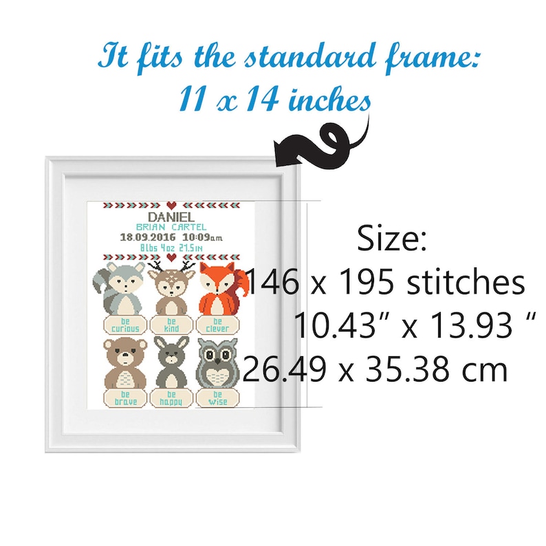 Birth Announcement modern cross stitch pattern, Girl Boy nursery, DIY new baby gift, counted cross stitch PDF image 2