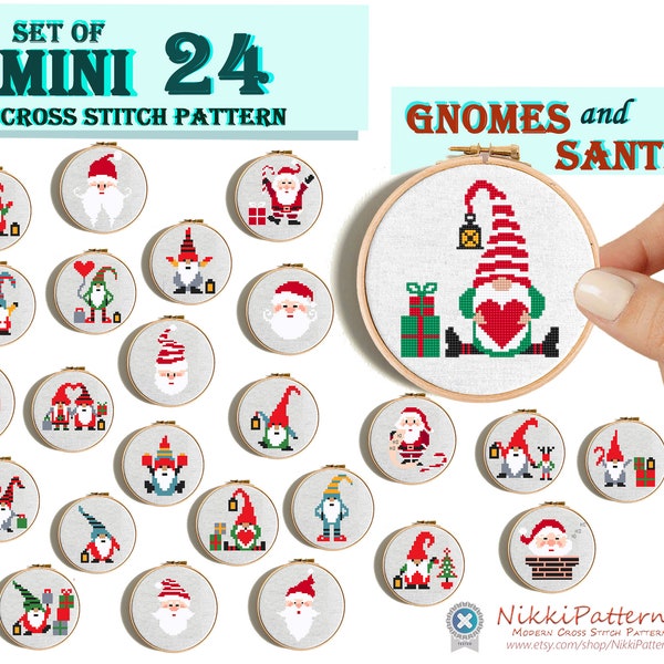 Santa Claus Gnomes Christmas cross stitch pattern set Mini cross stitch Santa Claus Tiny Christmas gift DIY Greeting card Beginner pattern