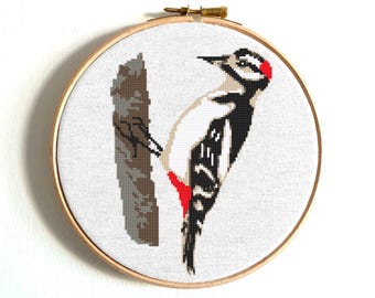 Bird cross stitch pattern PDF, Woodpecker, easy modern embroidery, digital download, beginner Friendly