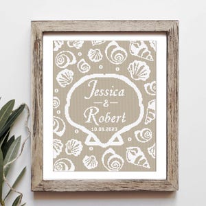 Modèle de mariage moderne au point de croix, coquillage monochrome, nom personnalisé, nom personnalisé, cadeau de mariage d&#39;anniversaire, téléchargement numérique PDF
