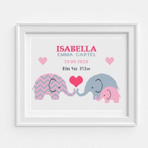 Elephant birth announcement counted cross stitch pattern, girl personalized cross stitch PDF Nursery animals decor, easy baby shower gift
