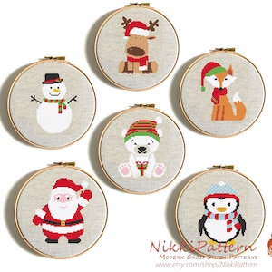 Christmas cross stitch pattern Santa Claus Fox Bear Reindeer Snowman Penguin embroidery sampler Merry Christmas PDF pattern Easy Cute Animal