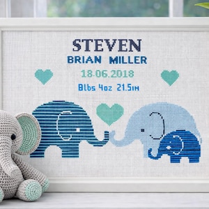 Baby Geburtsanzeige Kreuzstichmuster, niedlicher Elefant, anpassbare Geburtsdatensatz-Stickerei PDF, modernes Mädchen oder Jungen-Kinderzimmer-Dekor-Geschenk