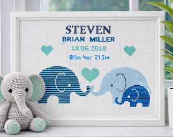 Baby Birth announcement cross stitch pattern, Cute elephant, Customizable Birth Record Embroidery PDF, Modern Girl or Boy Nursery Decor Gift