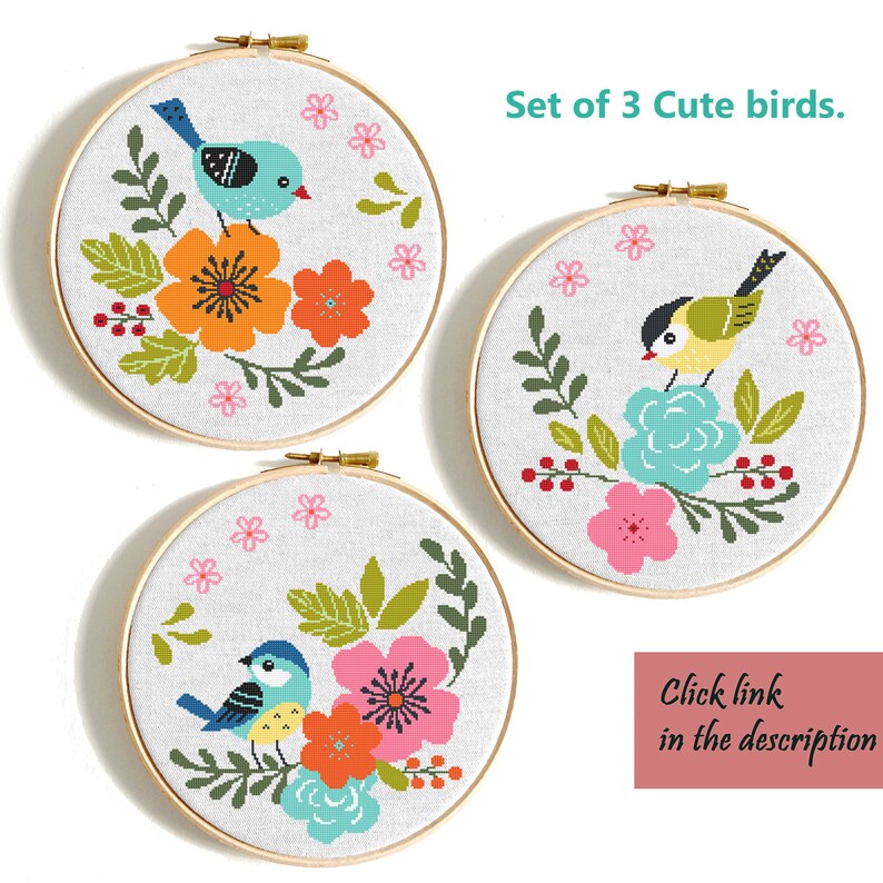 Birds Counted cross stitch pattern PDF Floral cross stitch Cute Bird on branch Modern cross stitch Animals cross stitch Easy cross stitch