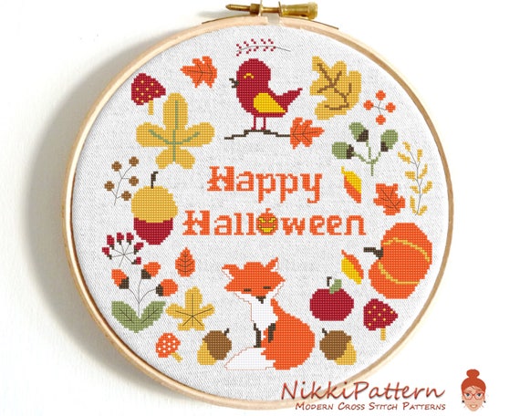 Fox Cross Stitch Pattern Pumpkin Cross Stitch Happy Halloween Etsy