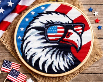 God Bless America kruissteekpatroon, Amerikaanse onafhankelijkheidsdag, patriottische adelaar in Amerikaanse kleuren, 4 juli, 250e verjaardag 1776-2026