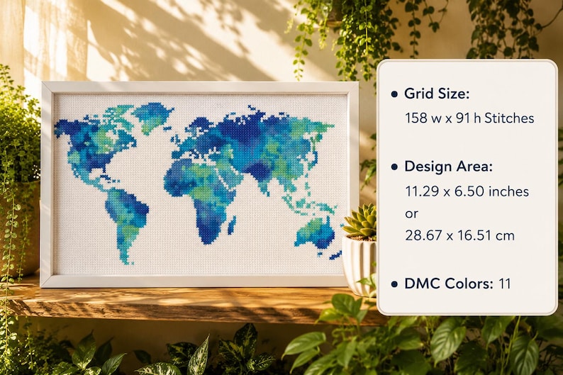 May include: A framed cross-stitch of a world map, featuring blue and green continents on a white background. The design area is 11.29 x 6.50 inches. The text on the right indicates the grid size, design area, and DMC colors.