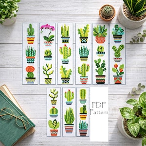Bladwijzer kruissteekpatroon, cadeau voor boekenliefhebbers, set van 9 cactussen en sappige borduurontwerpen, cactus op potten, digitale pdf-download