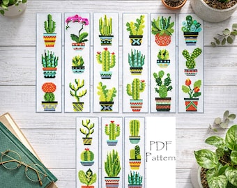 Bookmark Cross Stitch Pattern, Gift for Book Lovers, Set of 9 Cacti & Succulent Embroidery Designs, Cactus on pots, Digital PDF Download