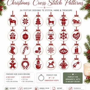 May include: A set of 24 mini Christmas cross stitch patterns featuring red designs on white fabric, including a reindeer, Santa, snowflake, and tree. Each design is displayed in a circular hoop with a red ribbon. Text includes Set of 24 Mini Christmas Cross Stitch Patterns and Finished Size 10.2 cm hoop or 12.7 cm hoop.