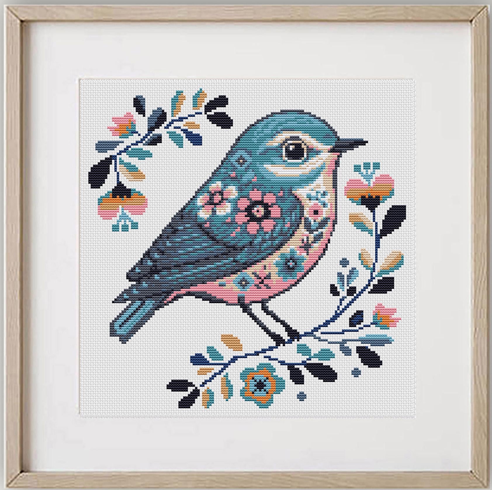 花鳥クロスステッチ図案PDF、モダンフォークバード刺繍、コテージコア