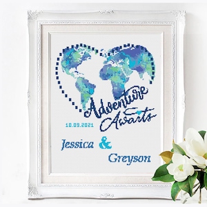 Wedding cross stitch pattern, Love anniversary gift, Personalized name, Custom name, World map embroidery with Adventure Awaits text