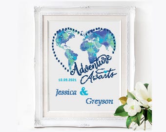 World Map Wedding Cross Stitch Pattern, Personalized Anniversary Gift (PDF Pattern)