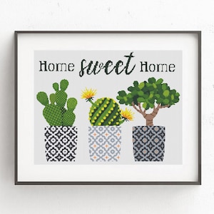 Home sweet home cross stitch pattern, Cactus in geometric pots, Cacti Botanical embroidery Set,  Plant Modern embroidery, Instant download