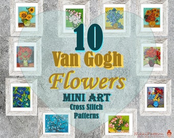 Mini art Cross Stitch Patterns Bundle Mini flowers Van Gogh masterpieces Hand embroidery Modern cross stitch Tiny famous paintings PDF