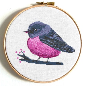 Bird cross stitch pattern Pink Robin Modern embroidery art Watercolor bird cross stitch chart Counted cross stitch PDF Instant download