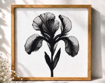 Iris Kreuzstich Stickmuster, PDF, Monochrome moderne Blumenstickerei, schwarze Iris Kreuzstich, schwarze Wildblume, Digitaler Download PDF