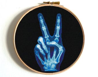Victory hand cross stitch pattern, X-Ray hand, Peace sign, Unique & funny embroidery, Human anatomy,  Radiograph design, Instant download