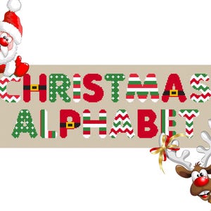 Christmas alphabet cross-stitch pattern.  Red, green, and white letters spell out 'CHRISTMAS ALPHABET.'  Santa Claus and a reindeer are featured on either side. The letters are decorated with various Christmas-themed patterns like stripes, zigzags, and polka dots.