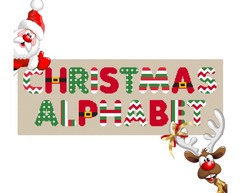 Christmas alphabet cross-stitch pattern.  Red, green, and white letters spell out 'CHRISTMAS ALPHABET.'  Santa Claus and a reindeer are featured on either side. The letters are decorated with various Christmas-themed patterns like stripes, zigzags, and polka dots.