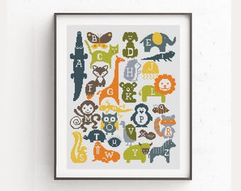 Animals alphabet cross stitch pattern, Cute baby nursery design with funny fox, elephant, giraffe, monkey, lion, butterfly, penguin, koala